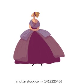Blond woman in an old-fashioned multi-layered purple dress. Vector illustration on white background.