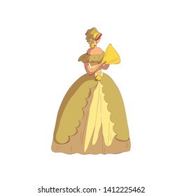 Blond woman in old-fashioned yellow dress and hat. Vector illustration on white background.