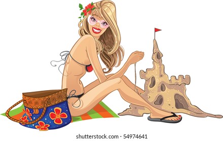 Blond woman on the beach build a castle from sand isolated on white background