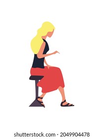 blond woman on chair on white background