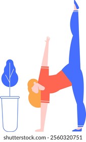 Blond woman practicing a yoga position with one leg raised and hands and feet on the floor, with a plant in a pot on the left, promoting health, wellness, and a balanced lifestyle