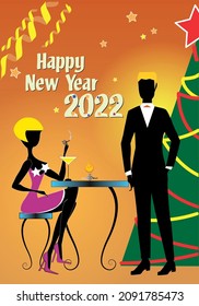 A blond woman in red dress and red shoes, sitting at a table and holding a cigarette, is talking to her boyfriend in black suit during the 2022 New Year party