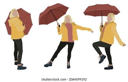 Blond woman with red umbrella and yellow coat in different positions. In flat and line style, hand drawn and vectorized. Perfect for fashion brochures, illustrations, autumn or winter backgrounds...