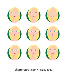 Blond woman set vector illustration. Blond young female in cartoon style with different facial emotions and expressions. 