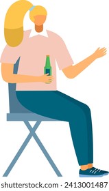 Blond woman sitting holding beer bottle, talking, casual clothing. Socializing adult in relaxed posture, drinking concept. Vector illustration