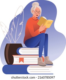 Blond woman sitting on books and reading a book. Vector illustration for webdesign, onboard, print or mobile apps
