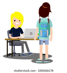  Blond woman sitting on a chair behind a Desk with a computer. Girl in shorts standing with a backpack. The conversation of friends. The customer acquisition.