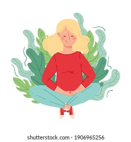 Blond Woman Sitting on the Ground with Crossed Legs and Floral Leaves Behind Vector Illustration