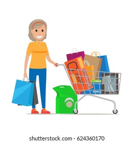 Blond woman smiles and stands with bags and shopping cart full of purchases on white background. Cartoon woman has fun during shopping at supermarket. Shopping-themed isolated vector illustration.