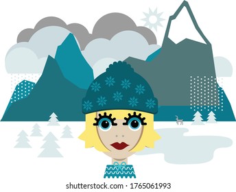 Blond woman in snowflake beanie walking in the ice and snow with mountains and clouds