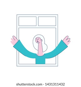 A blond woman stands at the open window of an apartment, screaming and cursing. Aggressive dissatisfied girl stands at the window. Concept of neighbors in the city, vector flat illustration.