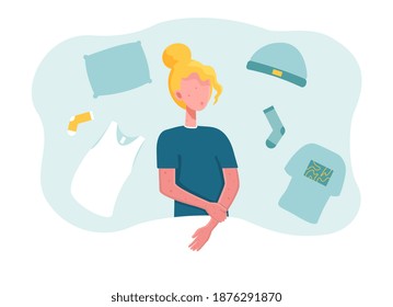 Blond Woman Suffering From Wool Or Textile Allergy. Red Spots On Itchy Skin. Hypersensitivity Allergic Reaction To Clothes And Textile Production. Flat Cartoon Vector Illustration