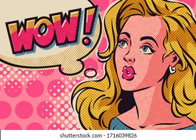 Blond woman surprised close up in pop art style and wow speech bubble. Vector retro comic illustration.