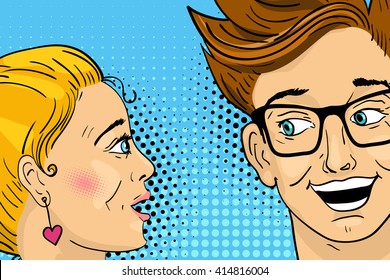 Blond woman telling a secret to surprised man with open mouth. Vector illustration in retro pop art comic style.