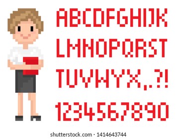 Blond woman vector, person working in office, worker wearing formal clothes secretary smiling, abc in pixel game, pixelated alphabet with numbers. 8 bit teacher