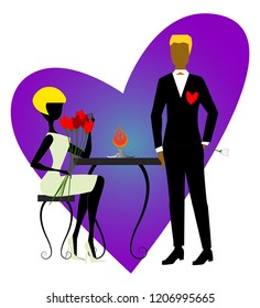 A blond woman in white dress and white shoes, sitting at a table and holding tulips, is talking to her boyfriend in black suit during the New Year party