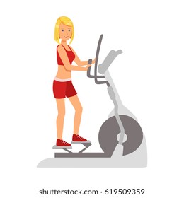Blond woman working out using elliptical trainer. Colorful cartoon character