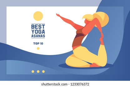 Blond woman in yoga asana banner. Pigeon pose, blue background, elegant character. Vector illustration good for web design and sport concept