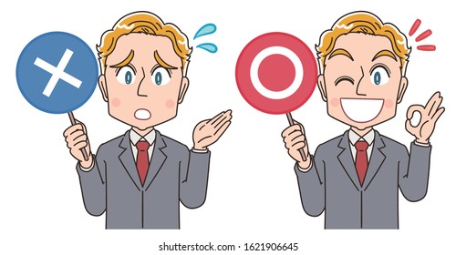 Blond young business man in suit.He has a tag about the correct answer.