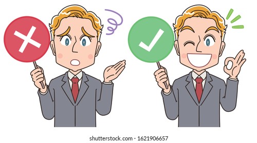 Blond young business man in suit.He has a tag about the correct answer.