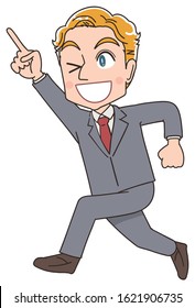 Blond young business man in suit.He has positive emotion.