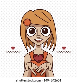 Blond young girl with a heart. Cartoon style character.