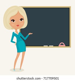 Blond young teacher close to blank blackboard. Vector illustration