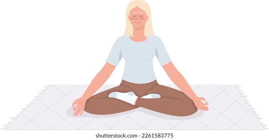 Blond young woman meditating on carpet semi flat color vector character. Editable figure. Full body person on white. Simple cartoon style illustration for web graphic design and animation