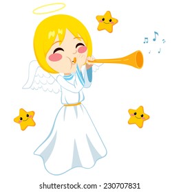 Blonde angel playing music sounding trumpet surrounded by tiny cute stars