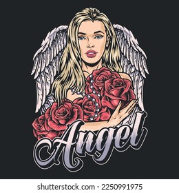 Blonde angel woman colorful logotype portrait belle with large roses in hands and torn beads near wings angel vector illustration