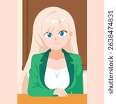 Blonde Anime Girl Character Green Jacket White Top
