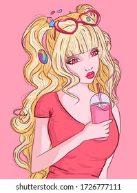 Blonde anime girl holding a cup of plastic in her hand. Pink lolita woman surrounded by candies on her hair.