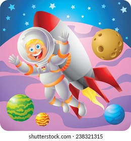 Blonde Astronaut boy rocket backpack flying in outer space