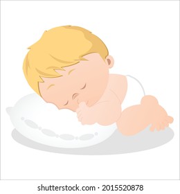 blonde baby is sleeping with pillow. Vector graphic illustration. Individually on a white background.