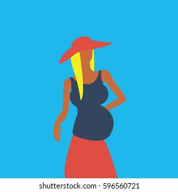 a blonde beautiful  isolated pregnant mother, woman, female or lady vector flat design illustration on light blue background with a big belly