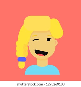 Blonde beautiful winking cartoon girl in modern flat style.