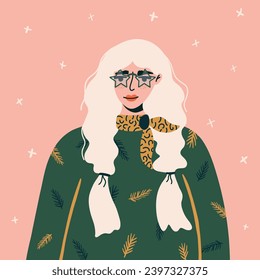 Blonde beautiful woman In Christmas sweater. Cosy vector illustration is suitable for a New Year card, poster, print. 