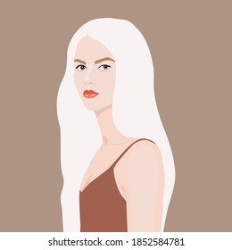 Blonde. Beautiful young girl with straight blonde hair and white skin. Vector illustration isolated on a beige background for design and web.