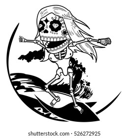 blonde in a bikini surfing on a steep wave. Vector flat and linear Illustration of skeleton. Web banners, advertisements, brochures, business templates. Isolated on a white background.