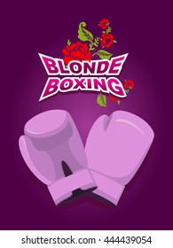 blonde boxing logo for comic female. Pink padded gloves. mitten 