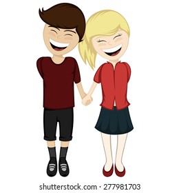 A blonde boy and a brunette girl holding hands and smiling together
