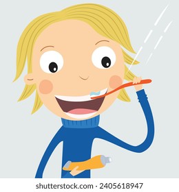 Chico rubio cepillando sus dientes. Ilustración vectorial.