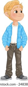 Blonde boy in casual attire standing confidently