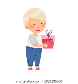 Blonde Boy Character Giving Birthday Gift Box at Party Vector Illustration