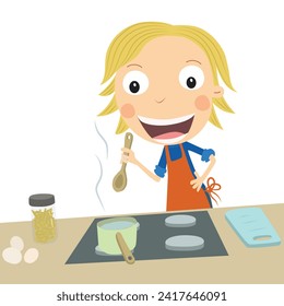 Blonde boy cooking on the stove. Vector Illustration.