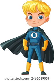 Blonde boy dressed as a superhero with cape