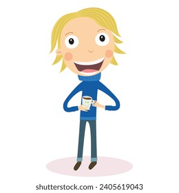 Blonde boy drinking hot chocolate. Vector illustration.