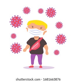 Blonde boy with face mask. COVID-19 conceptual vector illustration. Protection from coronavirus or respiratory virus. Prevent infection respiratory tract.