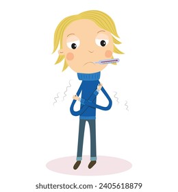 Blonde boy with flu. Having a cold with thermometer in his mouth. Vector Illustration.