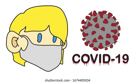 Blonde Boy or Girl Wearing Face Mask and Corona Virus With Word Covid-19 Vector Illustration Isolated on White Background.